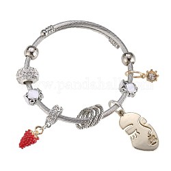 Bracelets européens, perles de verre, émail, strass, blanc, couleur d'argent, diamètre intérieur: 2-1/8 pouce (5.3 cm)