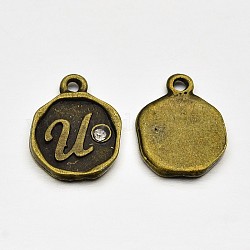 Plaqué bronze antique breloques alliage de strass, rond et plat avec letter.u, sans nickel, 13x10x1.5mm, Trou: 1mm