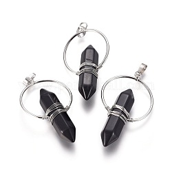 Fil d'obsidienne naturelle enveloppé de gros pendentifs, pointu à double terminaison, avec les accessoires en laiton, balle, platine, 53~55x30~32x11.5mm, Trou: 7.5x4mm