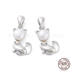 Rhodium Plated 925 Sterling Silver Micro Pave Cubic Zirconia Pendants, with Natural Pearl Beads, Cat Charms, Platinum, 17x10.5x4.8mm, Hole: 2.8x4.5mm