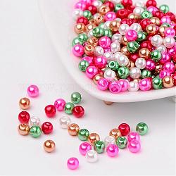 Natale perla perline mix di vetro perlato, colore misto, 4mm, Foro: 1 mm, circa 400pcs/scatola