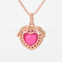 Rose Gold Plated Brass Rhinestone Cage Pendants, Chime Ball Pendants, Hollow Heart, with No Hole Spray Painted Brass Round Ball Beads, Hot Pink, 28x27x15mm, Hole: 3x8mm