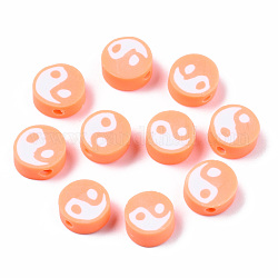 Handmade Polymer Clay Beads, Flat Round with Yin Yang, Coral, 9~10x9~10x4~7mm, Hole: 2mm