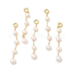 Ciondoli con chiusura ad anello a molla con perle di perle naturali in ottone, tondo, vero placcato oro 14k, 62x7x6.5mm