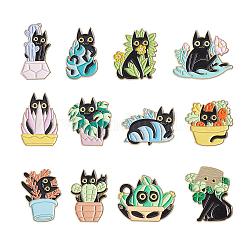 12 Pcs Cat Brooche Pins Set Enamel Lapel Pins Cute Black Cat Plants Enamel Brooche Pins Set Cartoon Animal Pins Badges Clothing Bags Jackets for Women, Mixed Color, 3~3.45x1.59~30.5cm, 1Pc/style