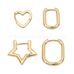 Brass Huggie Hoop Earrings, Long-Lasting Plated, Star & Heart & Oval, Real 18K Gold Plated, 4pairs/box