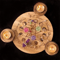 3 Hohlraum-Kerzenhalter aus Holz, flacher runder Kerzenhalter, Mondphase und Stern, 16 cm