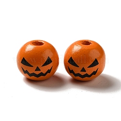 Black jack o lantern stampato perline europee in legno tondo, perline di zucca di halloween con foro grande, arancione, 16mm, Foro: 4 mm