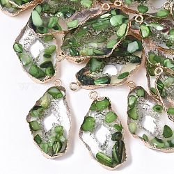 Resin Pendants, Imitation Geode, with Shell and Edge Light Gold Plated Iron Loops, Nuggets, Dark Green, 39x20x5mm, Hole: 1.8mm