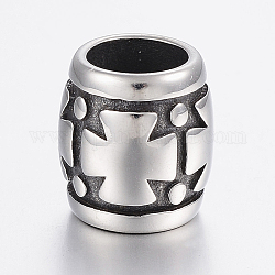 304 perline in acciaio inossidabile, perline con foro grande, botte con croce, argento antico, 14x13mm, Foro: 8.5 mm