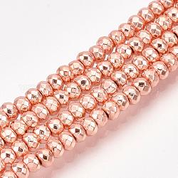 Hilo electrolítico no-magnético hematita cordón hebras, rerondana plana, facetados, chapado en oro rosa, 3x2mm, agujero: 1 mm, aproximamente 208 pcs / cadena, 15.7 pulgada