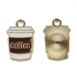 Alloy Enamel Pendants, Cadmium Free & Lead Free, Light Gold, Coffee Cup with Word, Coconut Brown, 18x11x1mm, Hole: 1.8mm