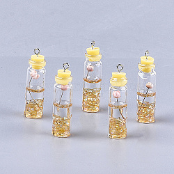 Décorations de bouteilles en verre, avec résine et fleur séchée, tampons en résine et pièces en fer, or, 42~44x11mm, Trou: 2mm