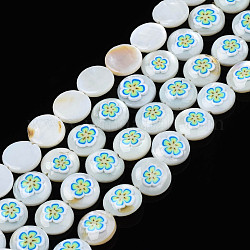 Perlas naturales de esmalte de concha de agua dulce, plano y redondo con flor, cielo azul profundo, 9x3mm, agujero: 0.8 mm, aproximamente 42 pcs / cadena, 14.57 pulgada (37 cm)