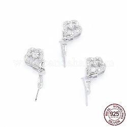 Rhodium Plated 925 Sterling Silver Pendant Ice Pick Pinch Bails, with Clear Cubic Zirconia, Flower, Platinum, 16mm, Hole: 2x2.5mm, Pin: 0.6mm