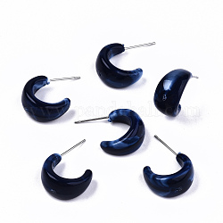 Boucles d'oreilles demi-créoles en résine opaque, boucles d'oreille, style de pierres fines imitation, avec épingles en acier inoxydable, semi-circulaire, bleu foncé, 16.5x9.5mm, pin: 0.7 mm