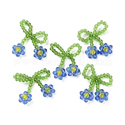Pendenti con perline di vetro, con filo di rame, fiocco con ciondoli floreali, blu royal, 25~27x25~28x5~5.5mm, Foro: 5.5x7.5 mm