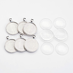 Pendant Making Sets, with Alloy Pendant Cabochon Settings, Glass Cabochons, Flat Round, Platinum, 41x33x6mm, Hole: 6x4mm, Tray: 30mm, 6sets/bag