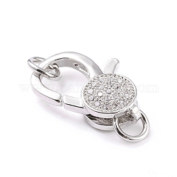 Brass Micro Pave Clear Cubic Zirconia Lobster Claw Clasp, with Jump Rings, Long-Lasting Plated, Platinum, 20x13x5mm, Hole: 4mm
