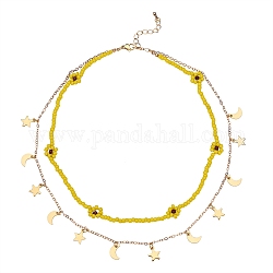 Glass Seed Braided Flower Double Layer Necklace, 304 Stainless Steel Moon and Star Charm Necklace with Brass Cable Chains for Women, Golden, Yellow, 14.96 inch(38cm)