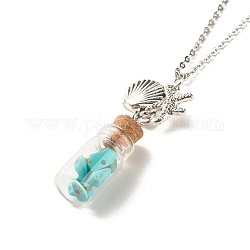 Glass Bottle with Synthetic Turquoise Chips Pendant Necklace, Wish Bottle Necklace with Alloy Shell Starfish Charm for Women, 17.91 inch(45.5cm)