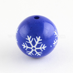 Round Acrylic Snowflake Pattern Beads, Christmas Ornaments, Medium Blue, 20mm, Hole: 2.5mm