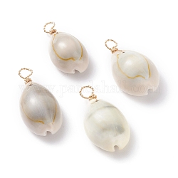 Natural Cowrie Shell Dyed Pendants, with Real 18K Gold Plated Eco-Friendly Copper Wire, Seashell Color, 28~32.5x14~16.5x11~12.5mm, Hole: 3.6mm