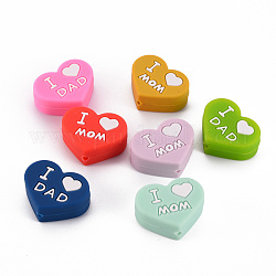 Food Grade Eco-Friendly Silicone Focal Beads, Chewing Beads For Teethers, DIY Nursing Necklaces Making, Heart with Word I Love DAD or MOM, Mixed Color, 20x25x10mm, Hole: 2mm