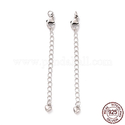 925 Sterling Silver Chain Extenders, with Lobster Claw Clasps & Charms, Heart, Antique Silver, 61x2.5mm, Hole: 2.4mm