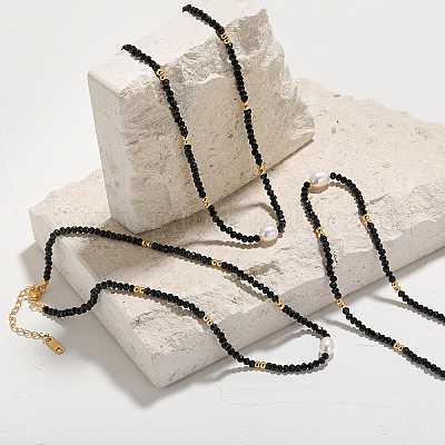 Ожерелья из натуральной черной шпинели с ограненными ронделями и пресноводным жемчугом AF5401-1