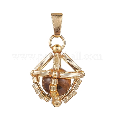 Подвески из натурального тигрового глаза и стеклянных бусин ручной работы круглой формы PALLOY-MZ00470-1