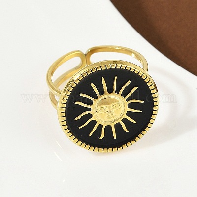 Плоские круглые с рисунком солнца эмалевые кольца из нержавеющей стали 304 для женщин RJEW-G355-05G-1