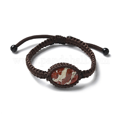 Регулируемые овальные браслеты из натуральной красной яшмы с плетеными бусинами BJEW-H626-02-13-1