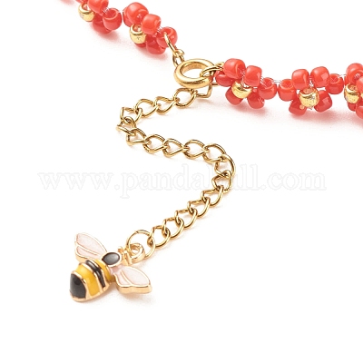 Crystal Flower and Enamel Bee Necklace in Gold