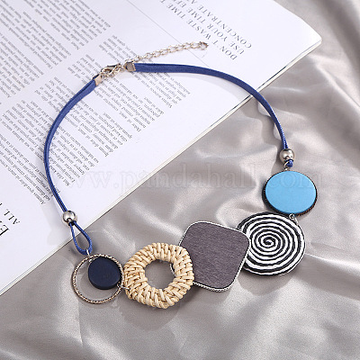 Ожерелья-нагрудники из сплава и рафии в стиле бохо с геометрическим кулоном из искусственной кожи FS-WG7F958-02-1