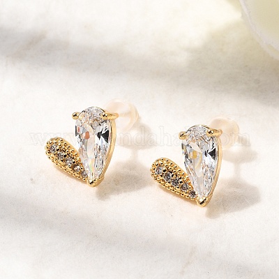 Серьги-гвоздики в форме сердца из латуни с прозрачным фианитом и прозрачным фианитом EJEW-C158-04G-1