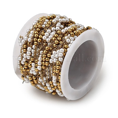 Круглые звенья цепочек ручной работы из нержавеющей стали 304 из АБС-пластика с жемчужными бусинами CHS-L032-01G-04-1