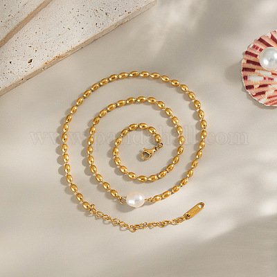 Ожерелья из французских бусин из натурального пресноводного жемчуга в форме картофеля и риса из нержавеющей стали для женщин KT1786-1