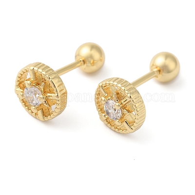 Плоские круглые серьги-гвоздики с микропаве из латуни и прозрачным кубическим цирконием EJEW-L289-02G-04-1
