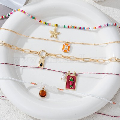5 шт. ожерелья с подвесками из латуни и стеклянных бусин и эмали с кубическим цирконием FS-WG6EEED-01-1