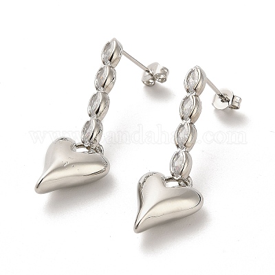 Серьги-гвоздики из латуни с микро-паве и прозрачным фианитом в форме сердца EJEW-M240-06P-1