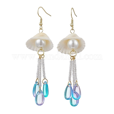 Серьги-подвески из стекла и натуральных ракушек EJEW-MZ00384-1