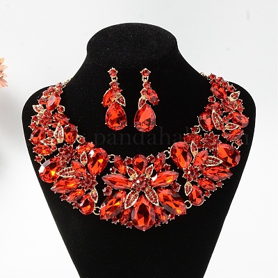 Комплекты из ожерелий с подвесками из сплава со стразами в форме цветка и капли и серег-гвоздиков FS-WG349E6-01-1