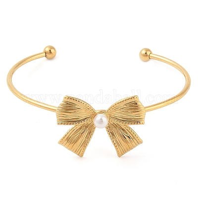 Браслеты-манжеты с открытым креплением из нержавеющей стали 304 с жемчужинами-ракушками и бантом для женщин BJEW-Z070-03G-1