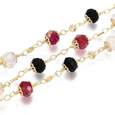 Цепочки ручной работы из латуни и стеклянных бусин KK-N281-10G-1