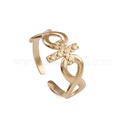 Ионное покрытие (ip) 304 нержавеющая сталь крест и бесконечность открытые манжеты кольца для женщин RJEW-G285-11G-1