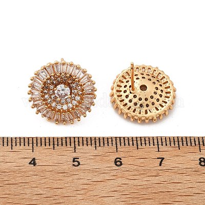 Плоские круглые серьги-гвоздики из латуни с микропаве из прозрачных кубических цирконий для женщин EJEW-G428-13G-1