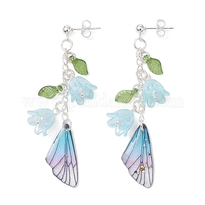 Серьги-гвоздики с подвесками в виде крыльев и цветка из нержавеющей стали 304 EJEW-TA00696-1