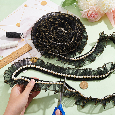 Полиэстер с белой пластиковой имитацией жемчуга плиссированной кружевной лентой OCOR-WH0078-62-1