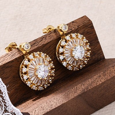 Orecchini a bottone in ottone con zirconi chiari e micro pavè&nbsp;EJEW-C130-01G-1